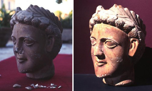 Head of a Cypro-Archaic statue, late 6th century B.C., before (left) and after (right) treatment by A. Athanasiou and N. Georgiou, 1997.